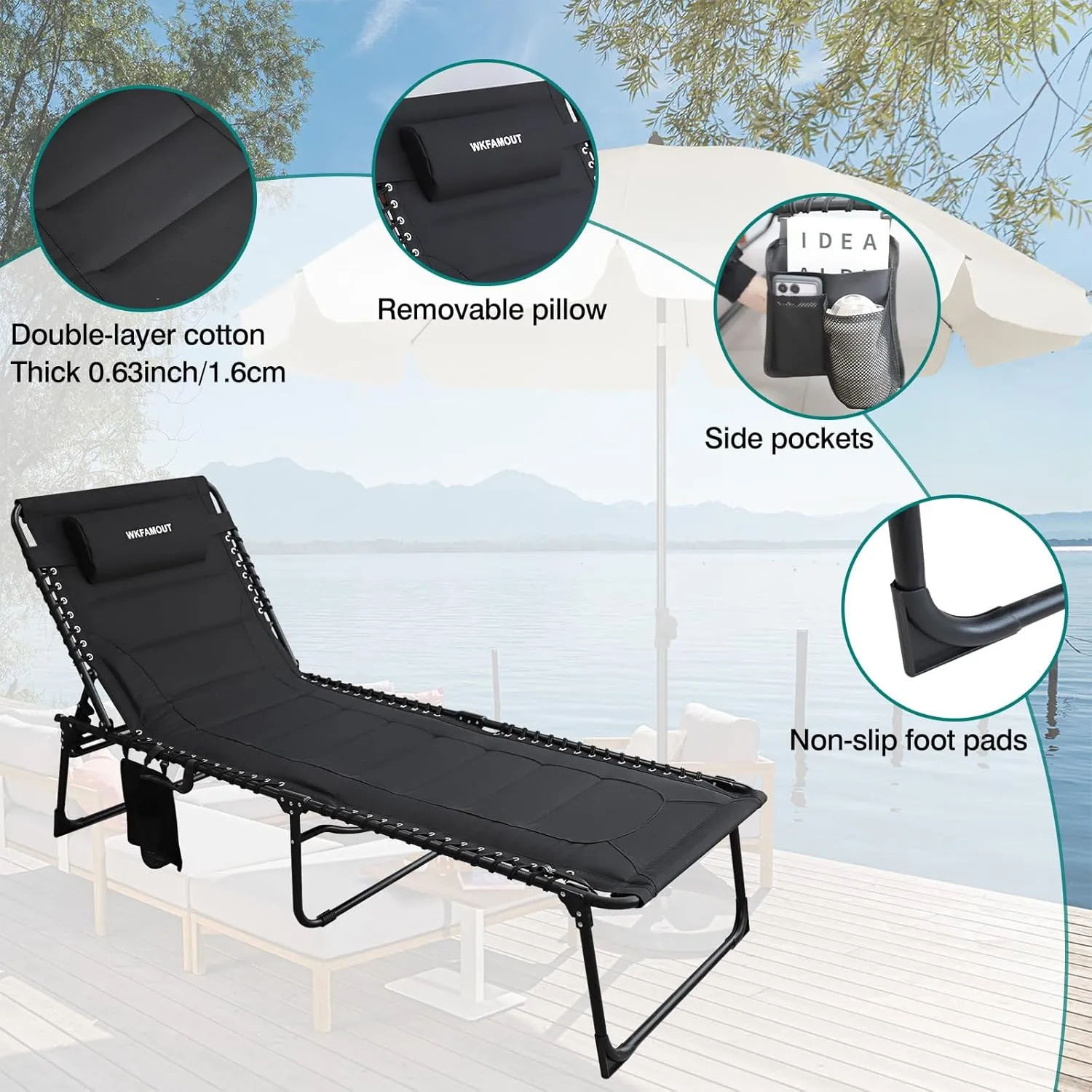 Outdoor Folding Lounge Chair Padded for Adults 330Ibs Patio Chaise Lounge Chair for Outside 5-Position Adjustable Reclining Beach Chair with Pillow Pocket