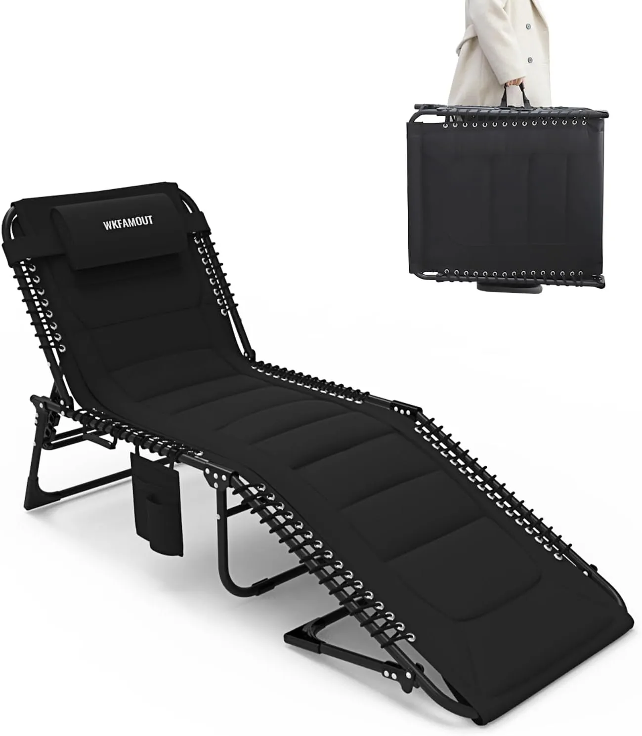 Outdoor Folding Lounge Chair Padded for Adults 330Ibs Patio Chaise Lounge Chair for Outside 5-Position Adjustable Reclining Beach Chair with Pillow Pocket