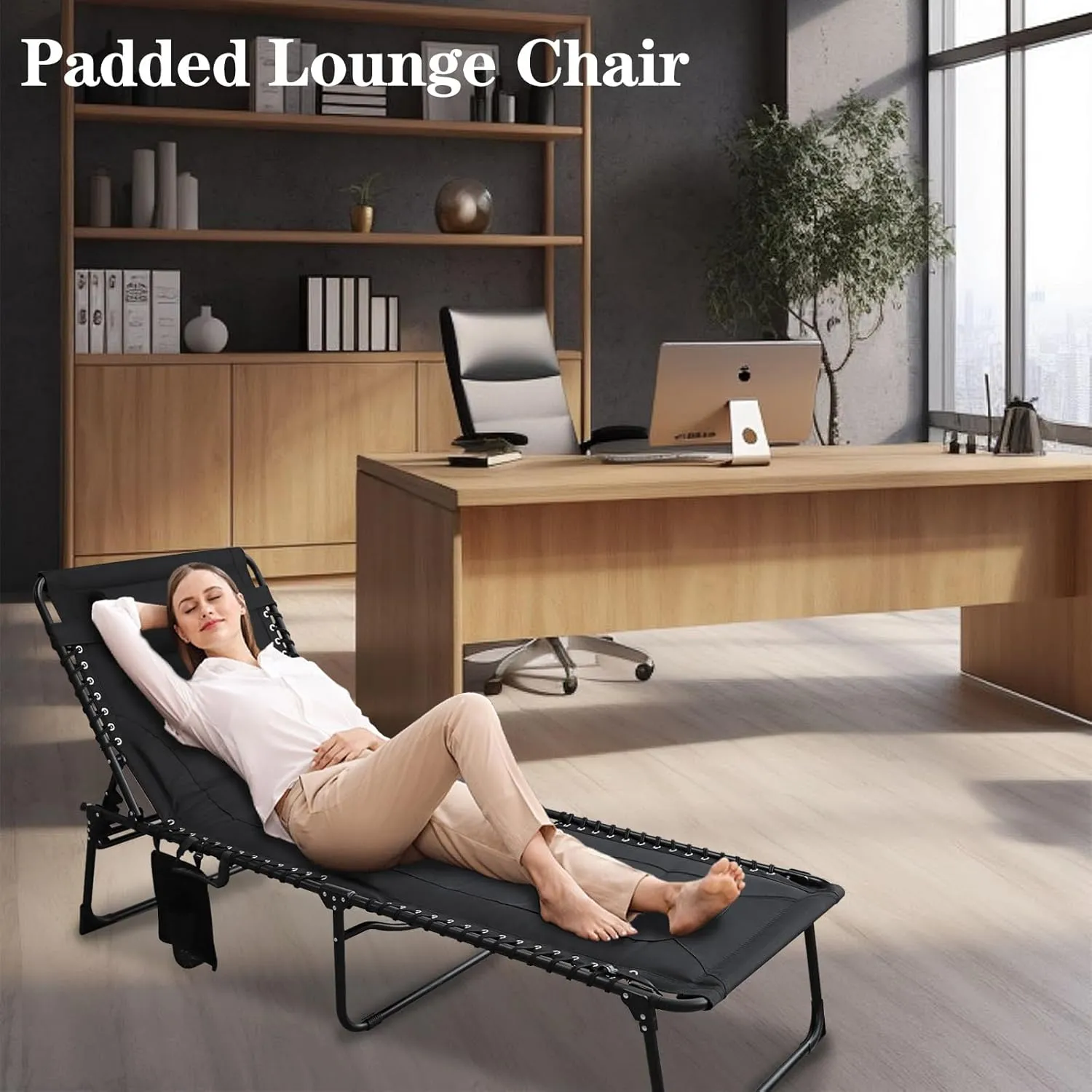 Outdoor Folding Lounge Chair Padded for Adults 330Ibs Patio Chaise Lounge Chair for Outside 5-Position Adjustable Reclining Beach Chair with Pillow Pocket