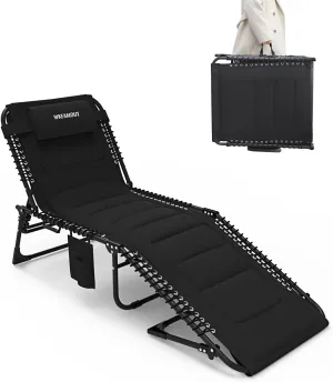Outdoor Folding Lounge Chair Padded for Adults 330Ibs Patio Chaise Lounge Chair for Outside 5-Position Adjustable Reclining Beach Chair with Pillow Pocket