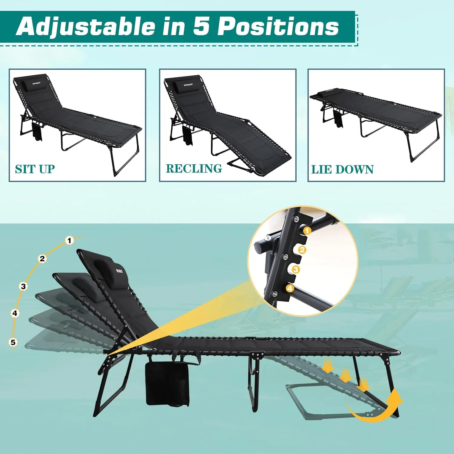Outdoor Folding Lounge Chair Padded for Adults 330Ibs Patio Chaise Lounge Chair for Outside 5-Position Adjustable Reclining Beach Chair with Pillow Pocket
