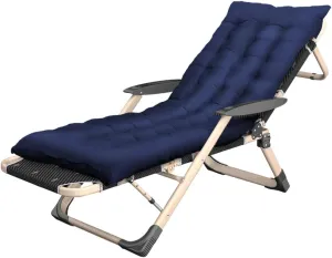 Outdoor Garden Chair| Sun Lounger Beach Bed Reclining| Foldable 5 Position Adjustable Lawn Lounge Chairs with Blue Cushion for Pool Side Beach Hiking Camping Max.200kg