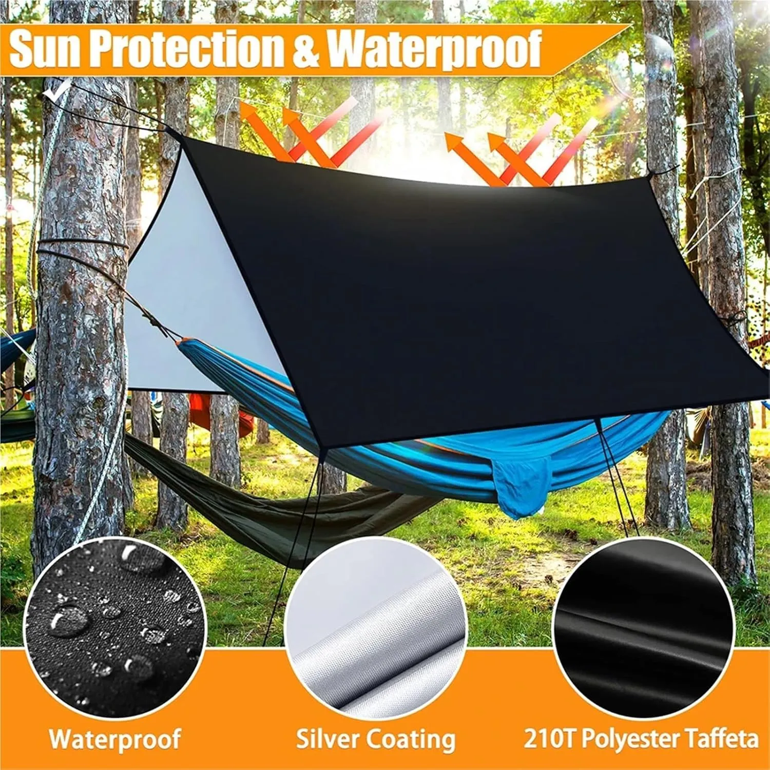 Outdoor Hammock Tarp Waterproof Lightweight Tarpaulin Awning with Rope Shade Outdoor Canopy Camping Picnic(Black)