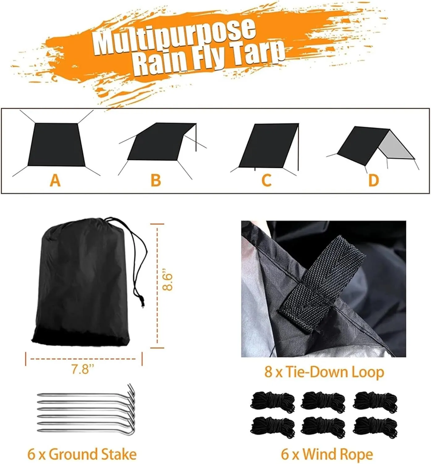 Outdoor Hammock Tarp Waterproof Lightweight Tarpaulin Awning with Rope Shade Outdoor Canopy Camping Picnic(Black)