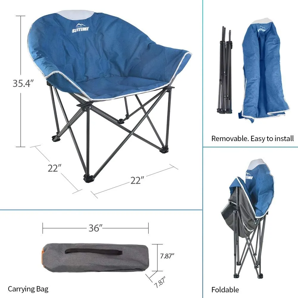 OUTDOOR LIVING SUNTIME Oversized Padded Camping Chair,Portable Comfy Outdoor Folding Moon Round Saucer Chairs for Adults with Holder and Carry Bag, Perfect for Hiking Lawn Patio Sports（Blue 2 Pack）