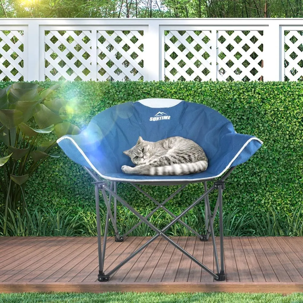 OUTDOOR LIVING SUNTIME Oversized Padded Camping Chair,Portable Comfy Outdoor Folding Moon Round Saucer Chairs for Adults with Holder and Carry Bag, Perfect for Hiking Lawn Patio Sports（Blue 2 Pack）