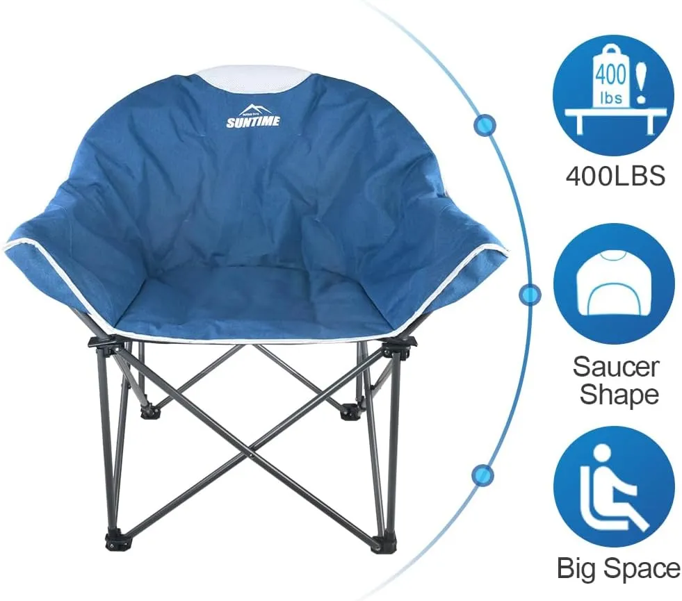 OUTDOOR LIVING SUNTIME Oversized Padded Camping Chair,Portable Comfy Outdoor Folding Moon Round Saucer Chairs for Adults with Holder and Carry Bag, Perfect for Hiking Lawn Patio Sports（Blue 2 Pack）