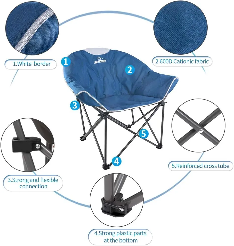 OUTDOOR LIVING SUNTIME Oversized Padded Camping Chair,Portable Comfy Outdoor Folding Moon Round Saucer Chairs for Adults with Holder and Carry Bag, Perfect for Hiking Lawn Patio Sports（Blue 2 Pack）