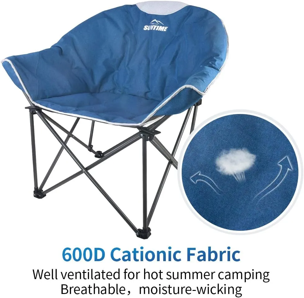OUTDOOR LIVING SUNTIME Oversized Padded Camping Chair,Portable Comfy Outdoor Folding Moon Round Saucer Chairs for Adults with Holder and Carry Bag, Perfect for Hiking Lawn Patio Sports（Blue 2 Pack）