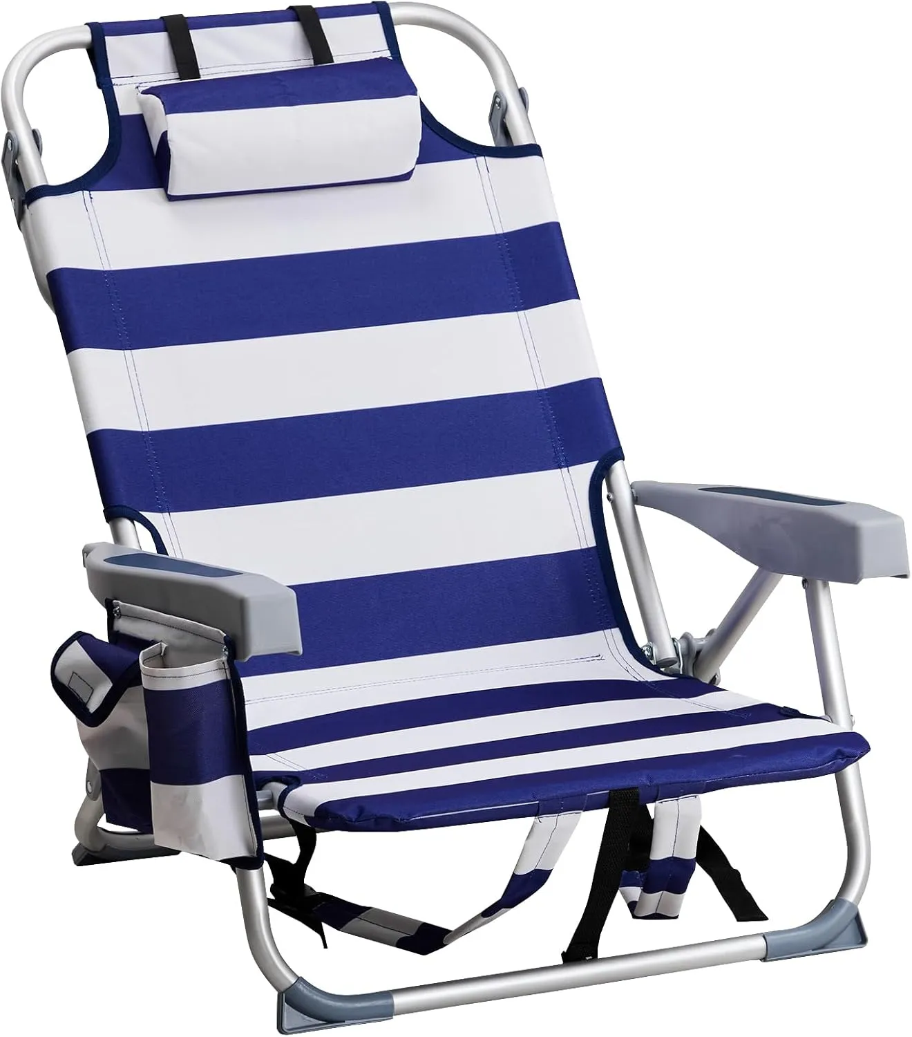 Outdoor Low Beach Lawn Chair,Portable Lightweight Folding Chair for Adults,Folding Beach Chair,Portable Backpack Foldable Camping Chair,with Cup Holder,for Patio Pool Yard Garden (Blue Stripes)
