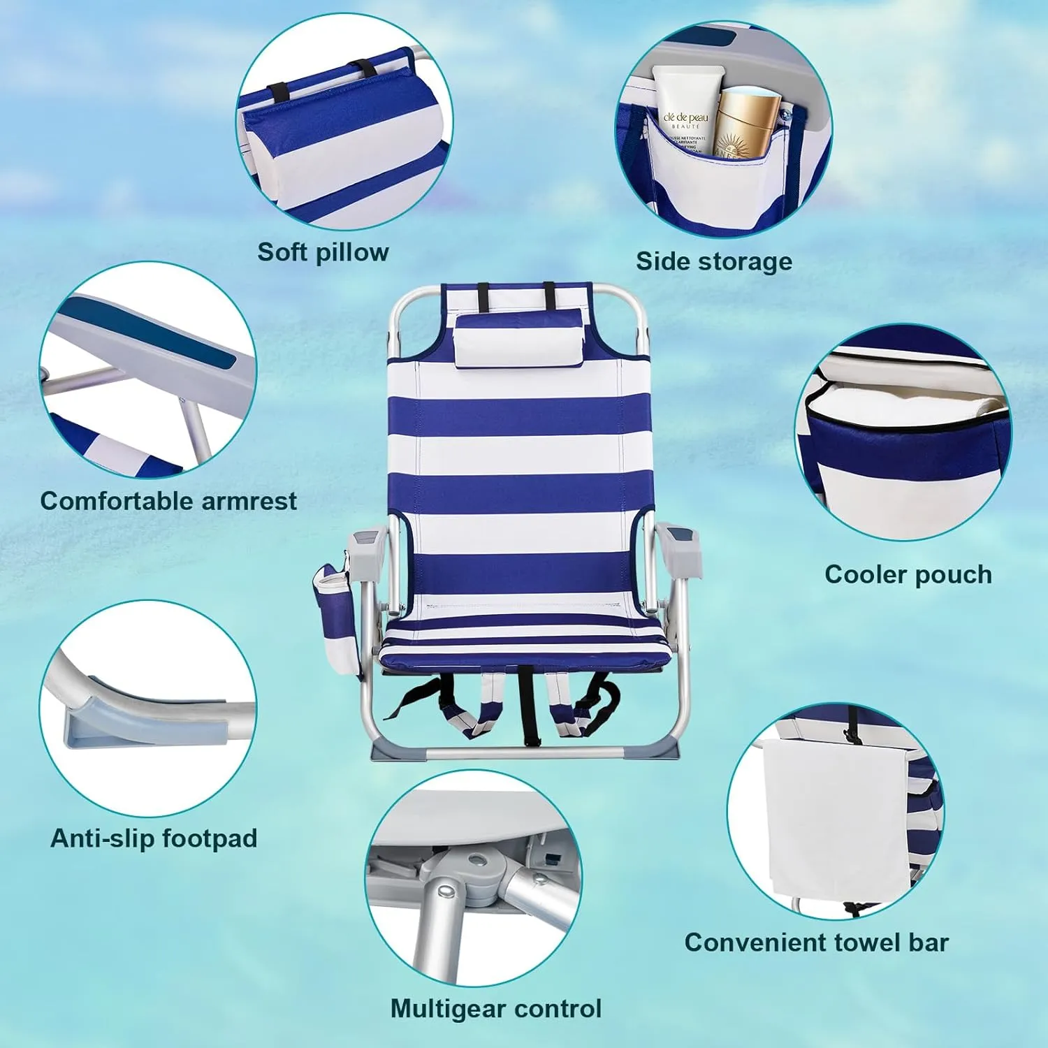 Outdoor Low Beach Lawn Chair,Portable Lightweight Folding Chair for Adults,Folding Beach Chair,Portable Backpack Foldable Camping Chair,with Cup Holder,for Patio Pool Yard Garden (Blue Stripes)