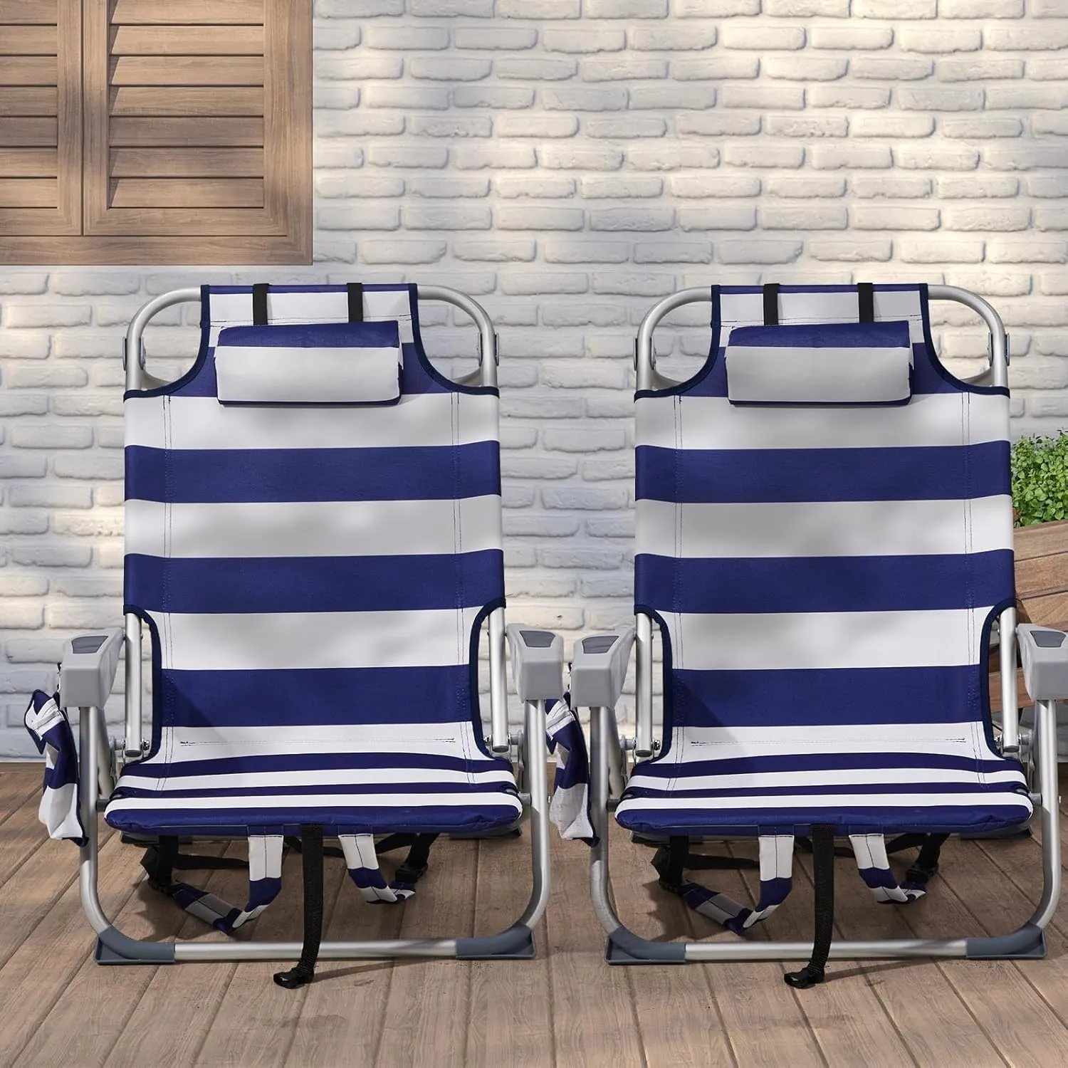 Outdoor Low Beach Lawn Chair,Portable Lightweight Folding Chair for Adults,Folding Beach Chair,Portable Backpack Foldable Camping Chair,with Cup Holder,for Patio Pool Yard Garden (Blue Stripes)