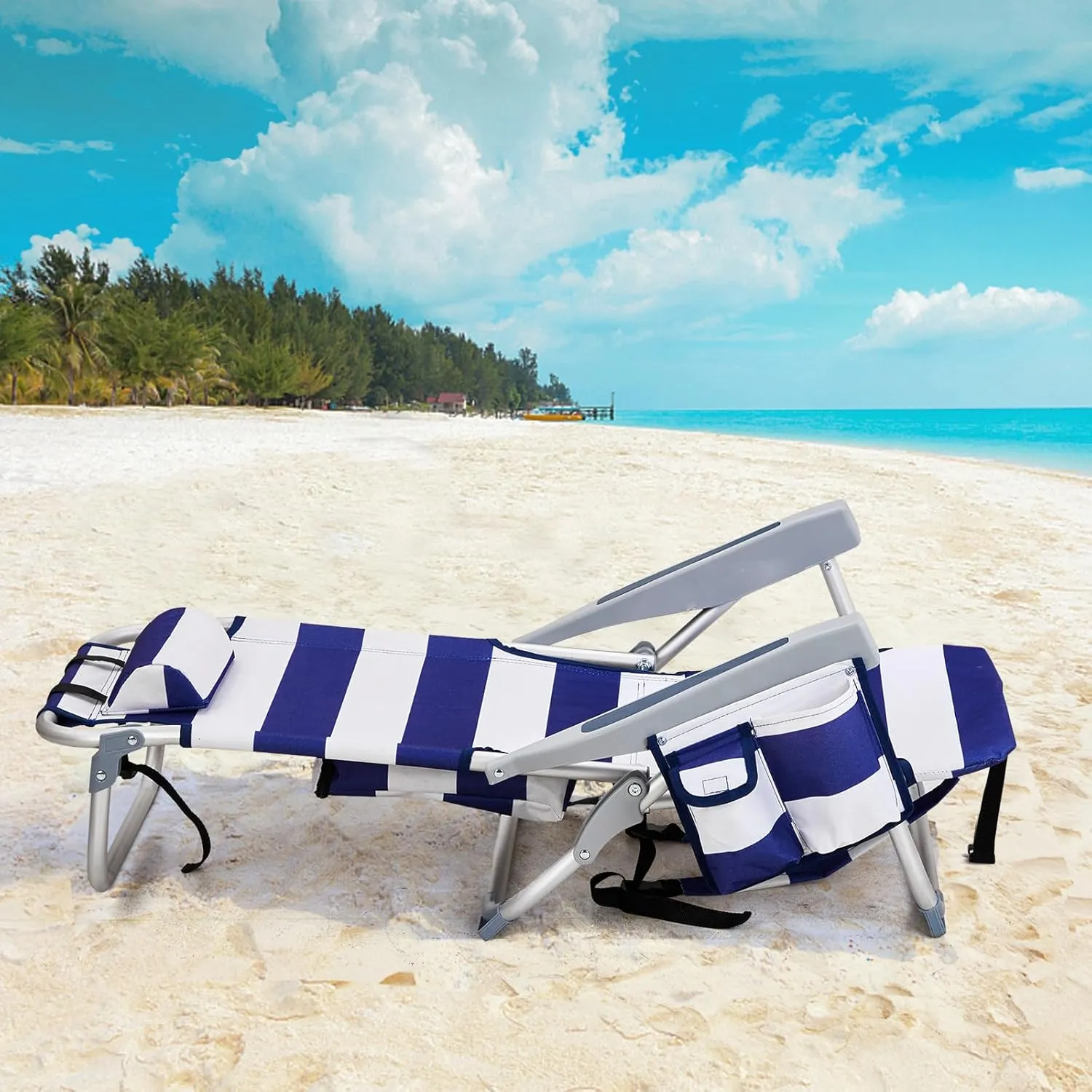 Outdoor Low Beach Lawn Chair,Portable Lightweight Folding Chair for Adults,Folding Beach Chair,Portable Backpack Foldable Camping Chair,with Cup Holder,for Patio Pool Yard Garden (Blue Stripes)