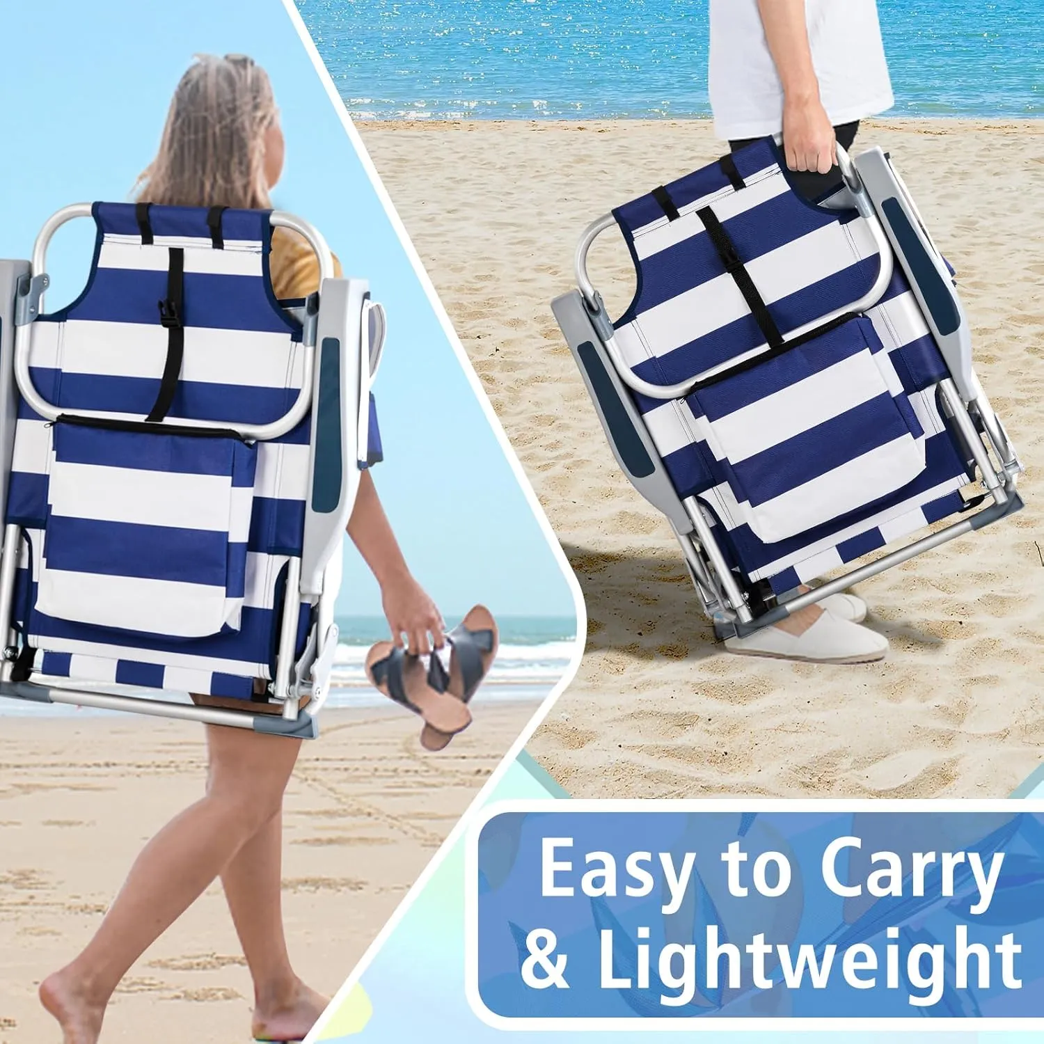 Outdoor Low Beach Lawn Chair,Portable Lightweight Folding Chair for Adults,Folding Beach Chair,Portable Backpack Foldable Camping Chair,with Cup Holder,for Patio Pool Yard Garden (Blue Stripes)
