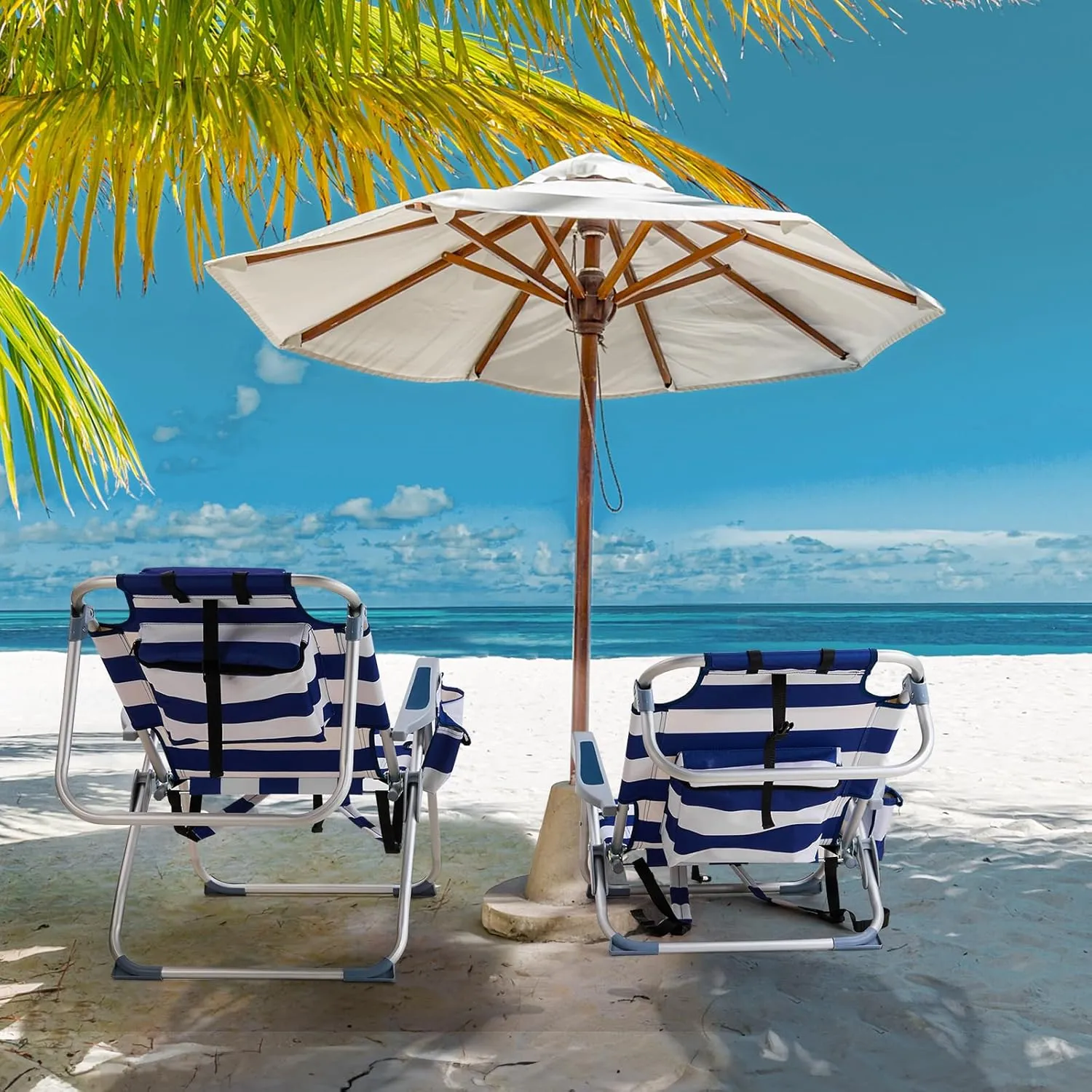 Outdoor Low Beach Lawn Chair,Portable Lightweight Folding Chair for Adults,Folding Beach Chair,Portable Backpack Foldable Camping Chair,with Cup Holder,for Patio Pool Yard Garden (Blue Stripes)