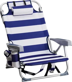 Outdoor Low Beach Lawn Chair,Portable Lightweight Folding Chair for Adults,Folding Beach Chair,Portable Backpack Foldable Camping Chair,with Cup Holder,for Patio Pool Yard Garden (Blue Stripes)