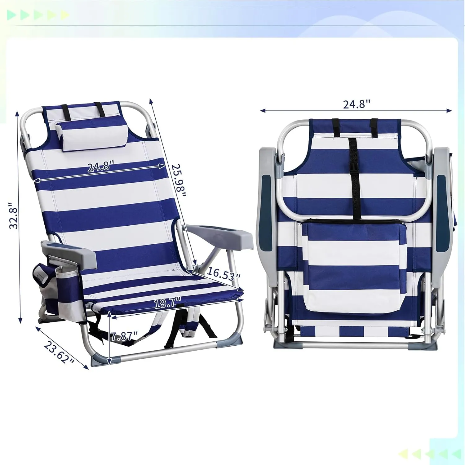 Outdoor Low Beach Lawn Chair,Portable Lightweight Folding Chair for Adults,Folding Beach Chair,Portable Backpack Foldable Camping Chair,with Cup Holder,for Patio Pool Yard Garden (Blue Stripes)