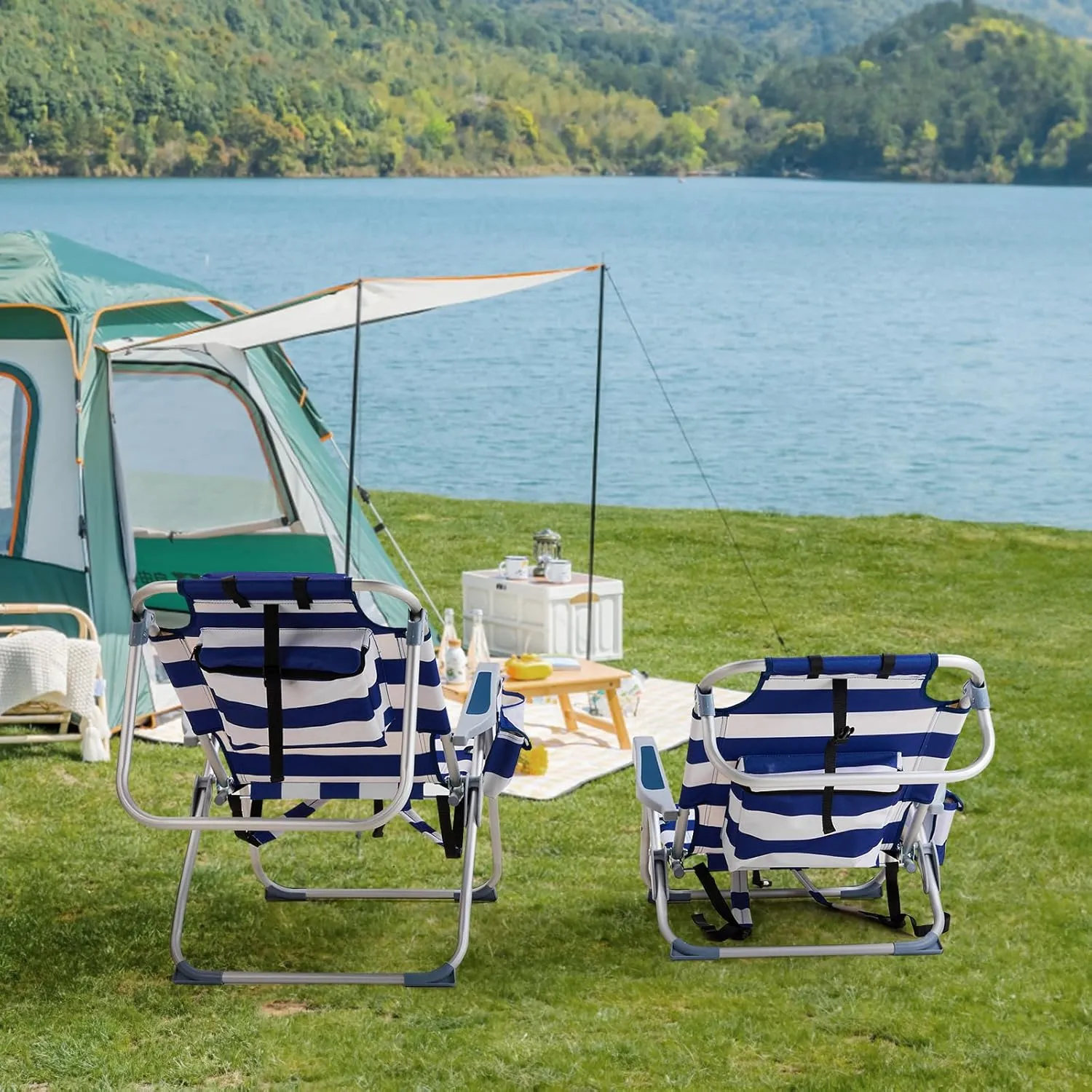 Outdoor Low Beach Lawn Chair,Portable Lightweight Folding Chair for Adults,Folding Beach Chair,Portable Backpack Foldable Camping Chair,with Cup Holder,for Patio Pool Yard Garden (Blue Stripes)