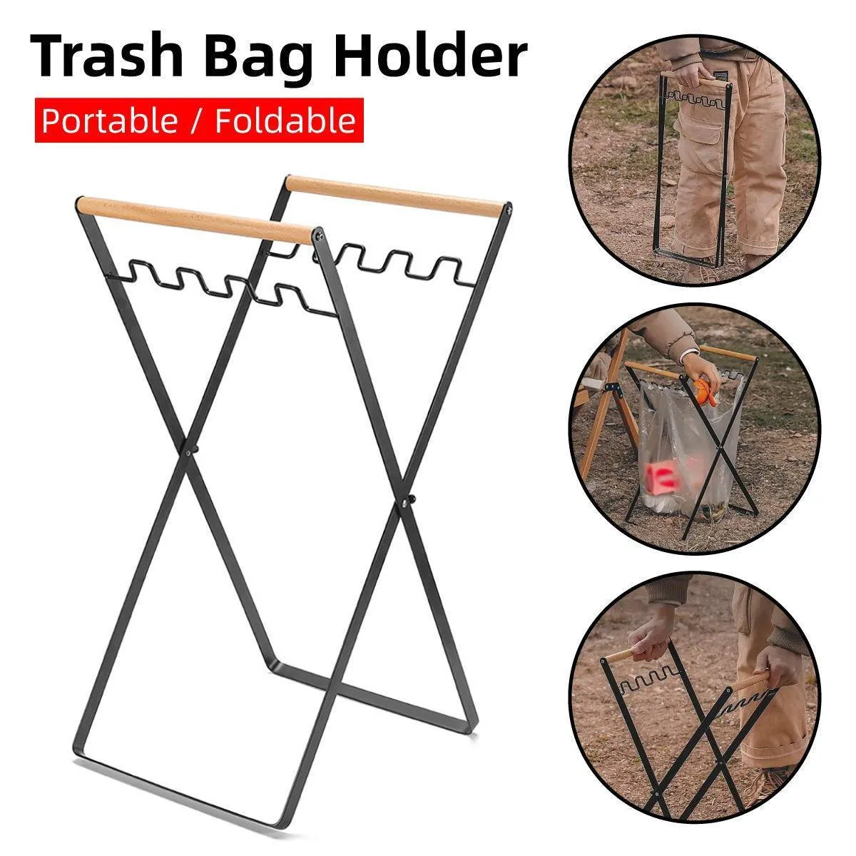 Outdoor Portable Wooden Folding Garbage Rack Picnic Barbecue Plastic Bag Holder