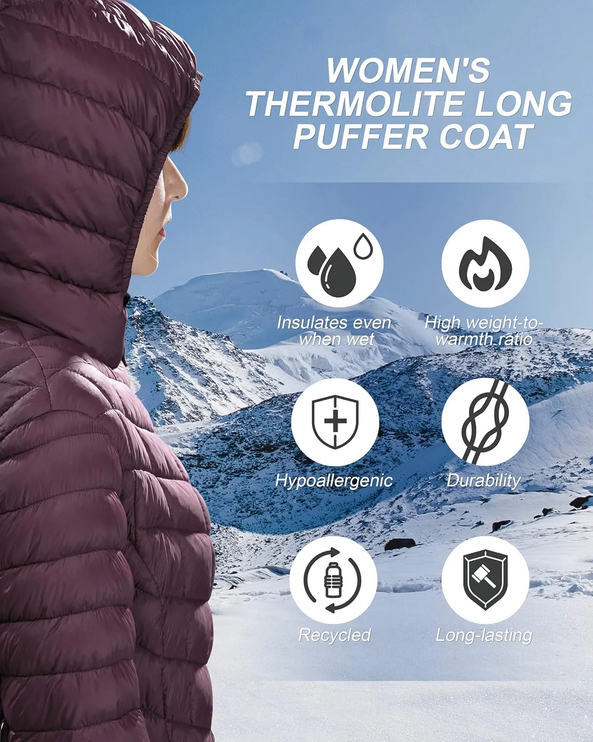 Outdoor Ventures Women's Maryan Hooded Ultra Lightweight Warm Thermolite Long Puffer Coat