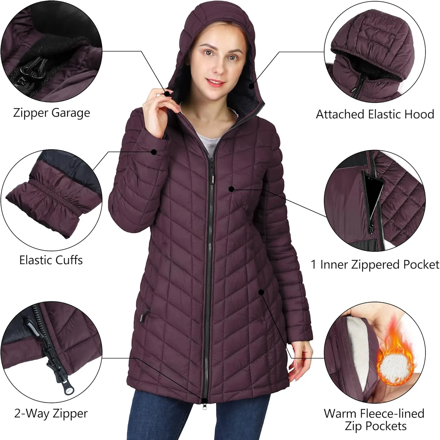 Outdoor Ventures Women's Maryan Hooded Ultra Lightweight Warm Thermolite Long Puffer Coat