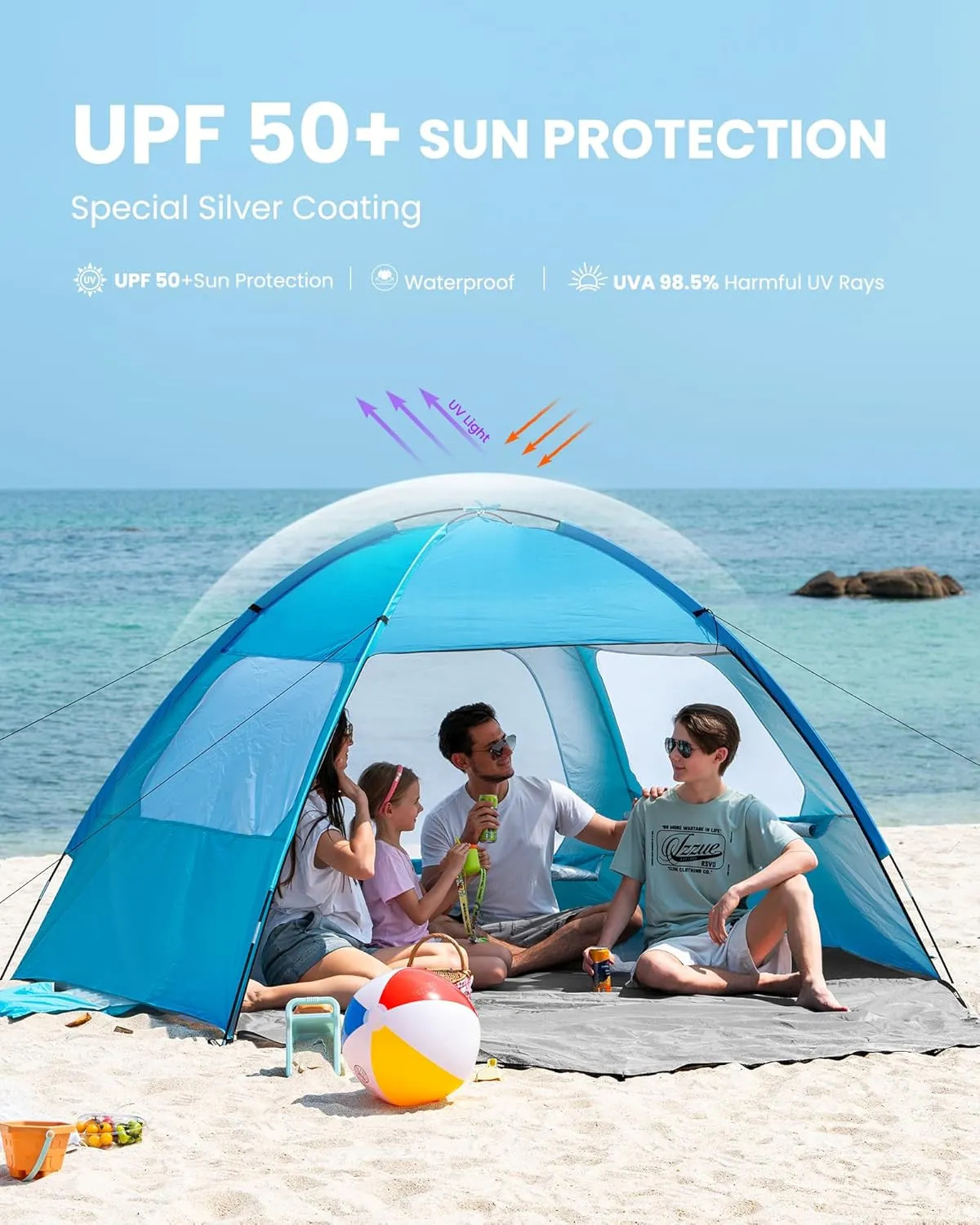 OutdoorMaster Beach Tent for 3/4 Person - Easy Setup Sun Shade Shelter, Portable Beach Shade Sun Canopy with UPF 50  UV Protection, Removable Skylight Family Size