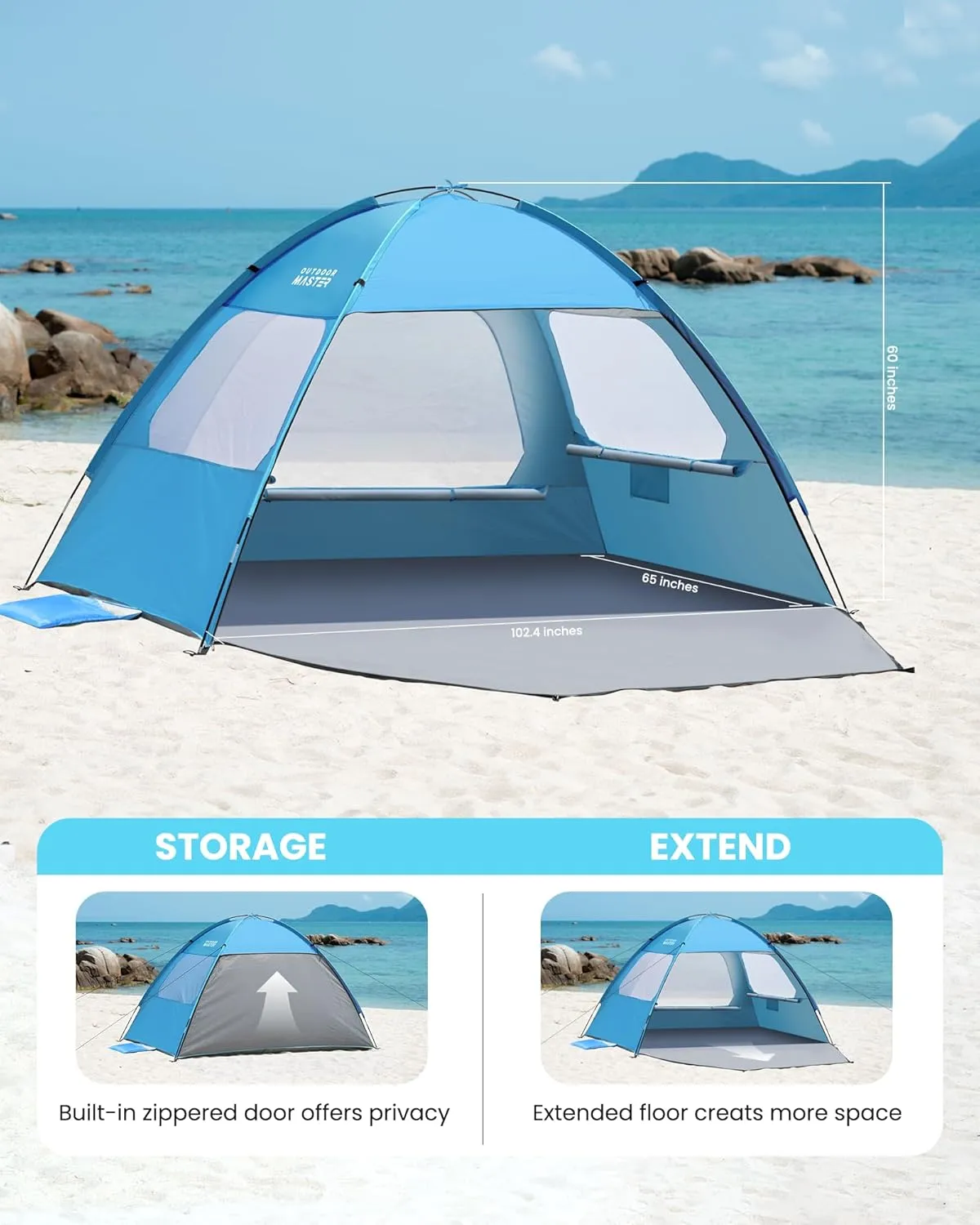 OutdoorMaster Beach Tent for 3/4 Person - Easy Setup Sun Shade Shelter, Portable Beach Shade Sun Canopy with UPF 50  UV Protection, Removable Skylight Family Size