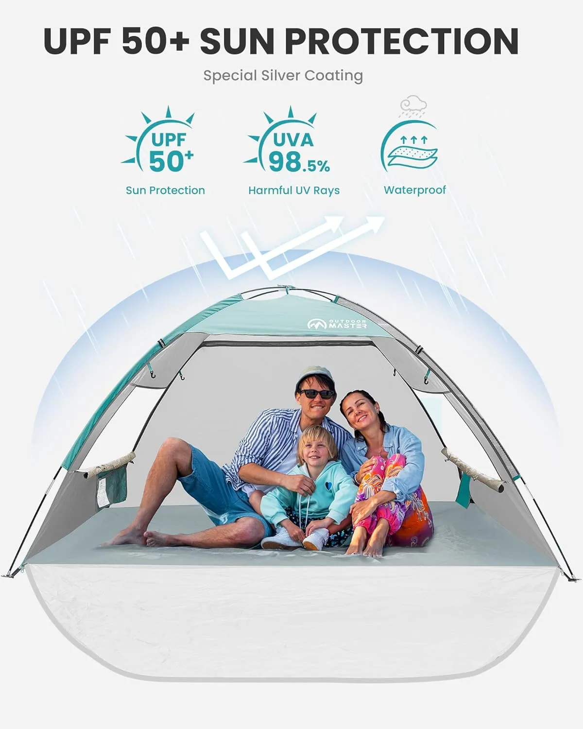 OutdoorMaster Beach Tent Sun Shelter with 2 Ventilated Doors, UPF50  Easy Setup Beach Tent Canopy for 3 Person, Lightweight & Portable Family Beach Umbrellas for Sand with Carrying Bag-Cancun Seashore