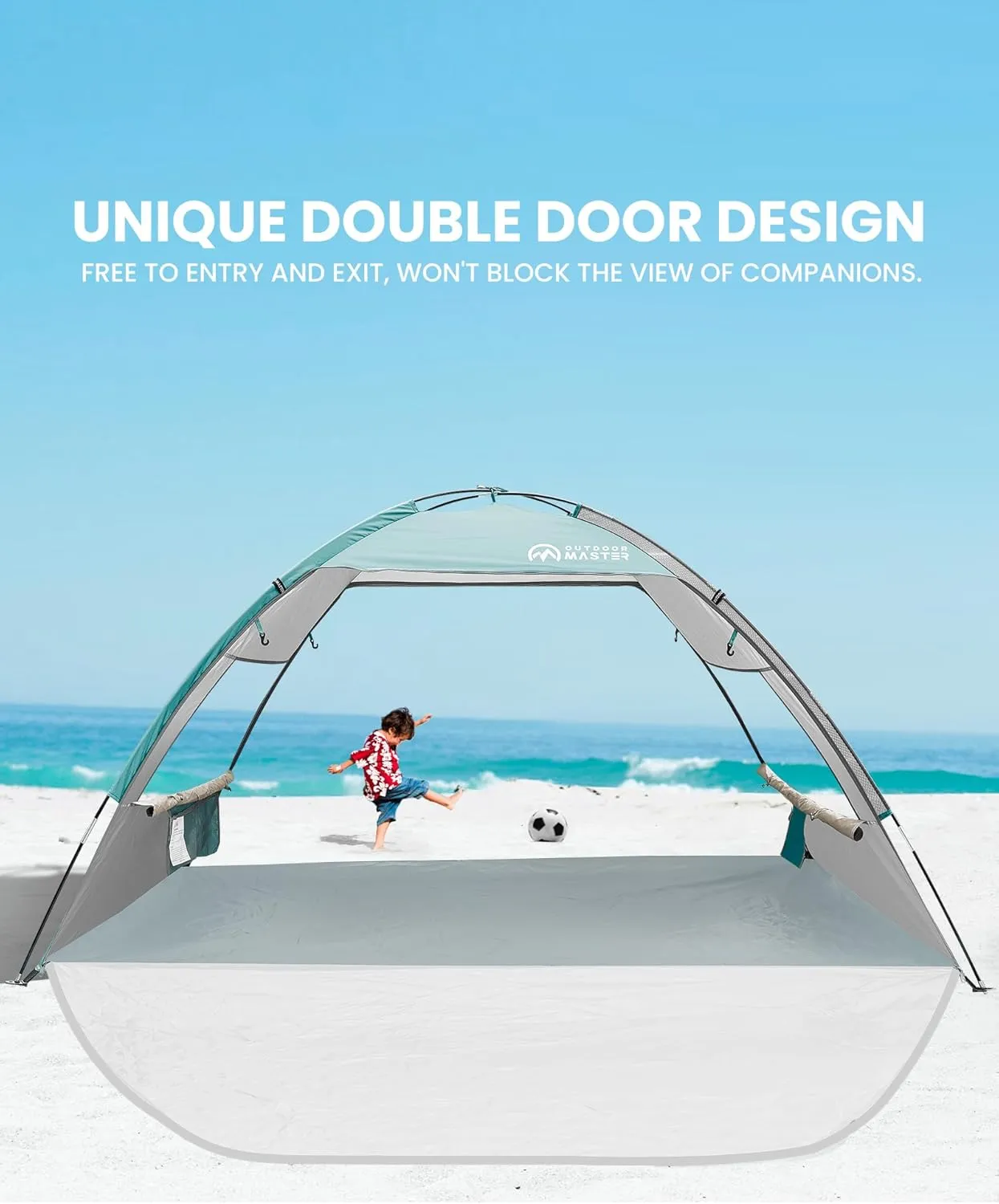 OutdoorMaster Beach Tent Sun Shelter with 2 Ventilated Doors, UPF50  Easy Setup Beach Tent Canopy for 3 Person, Lightweight & Portable Family Beach Umbrellas for Sand with Carrying Bag-Cancun Seashore