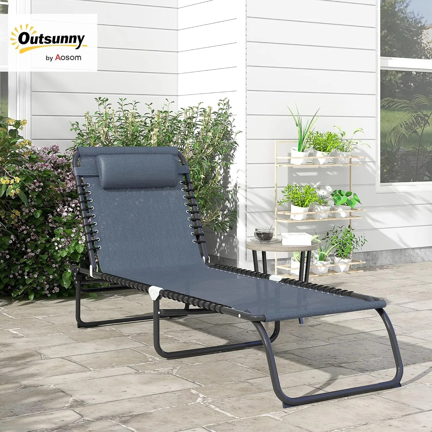 Outsunny Folding Chaise Lounge Chair, Patio Sun Tanning Chair, Outdoor Chaise Lounger with 4-Position Reclining Back, Breathable Mesh Seat for Beach, Poolside, Yard, Gray