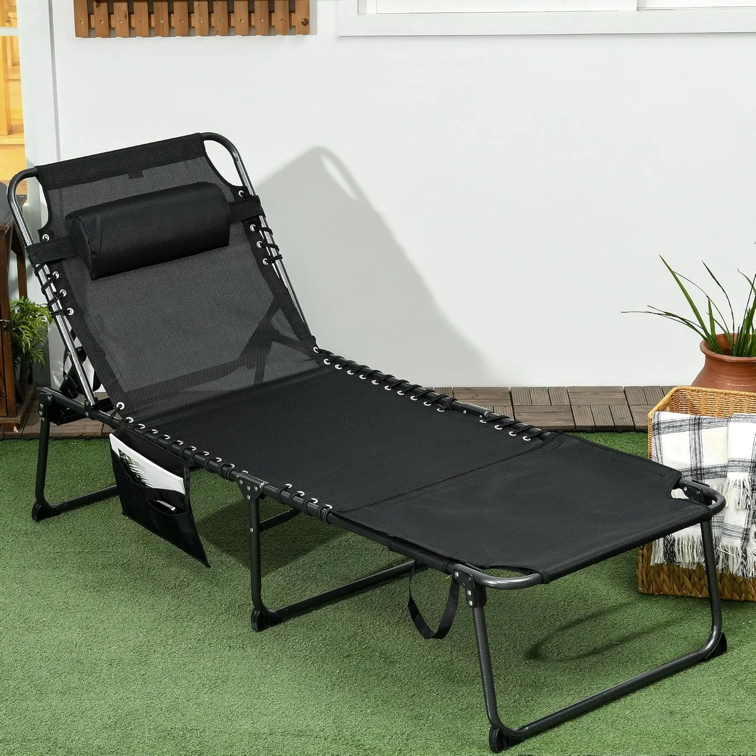 Outsunny Folding Chaise Lounge with 5-Level Reclining Back, Tanning Chair with Face Hole, Outdoor Lounge Chair with Side Pocket & Headrest for Beach, Yard, Patio, Black