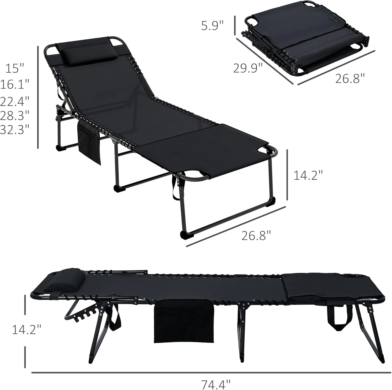 Outsunny Folding Chaise Lounge with 5-Level Reclining Back, Tanning Chair with Face Hole, Outdoor Lounge Chair with Side Pocket & Headrest for Beach, Yard, Patio, Black
