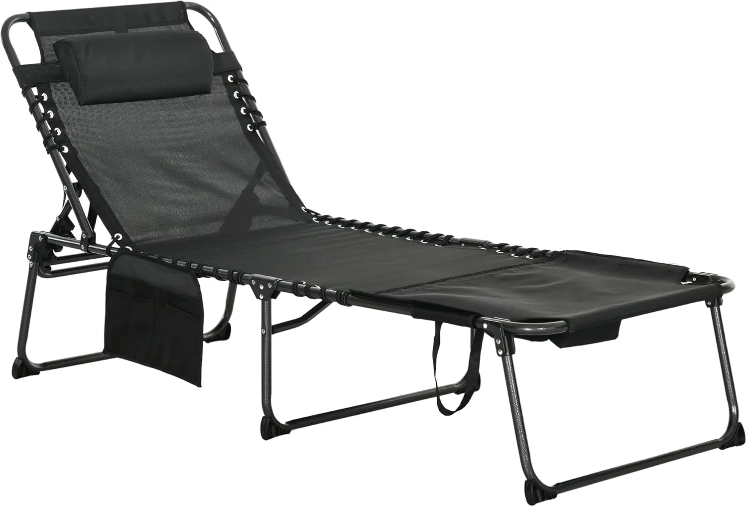 Outsunny Folding Chaise Lounge with 5-Level Reclining Back, Tanning Chair with Face Hole, Outdoor Lounge Chair with Side Pocket & Headrest for Beach, Yard, Patio, Black