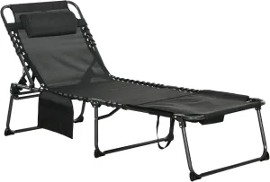 Outsunny Folding Chaise Lounge with 5-Level Reclining Back, Tanning Chair with Face Hole, Outdoor Lounge Chair with Side Pocket & Headrest for Beach, Yard, Patio, Black