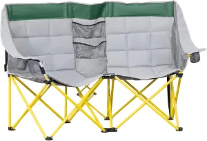 Outsunny Loveseat Style Camping Chair, Oversized Folding Lawn Chair with Carry Bag & Cup Holders, for Outdoor, Beach, Picnic, Hiking, Travel, Green & Gray