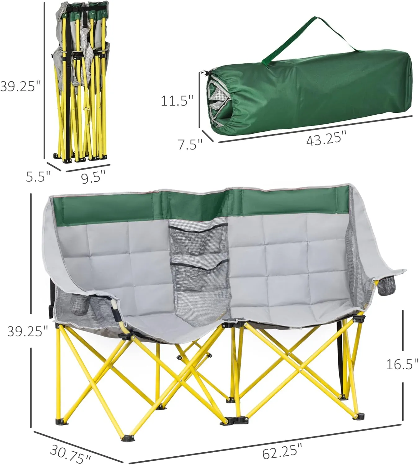 Outsunny Loveseat Style Camping Chair, Oversized Folding Lawn Chair with Carry Bag & Cup Holders, for Outdoor, Beach, Picnic, Hiking, Travel, Green & Gray
