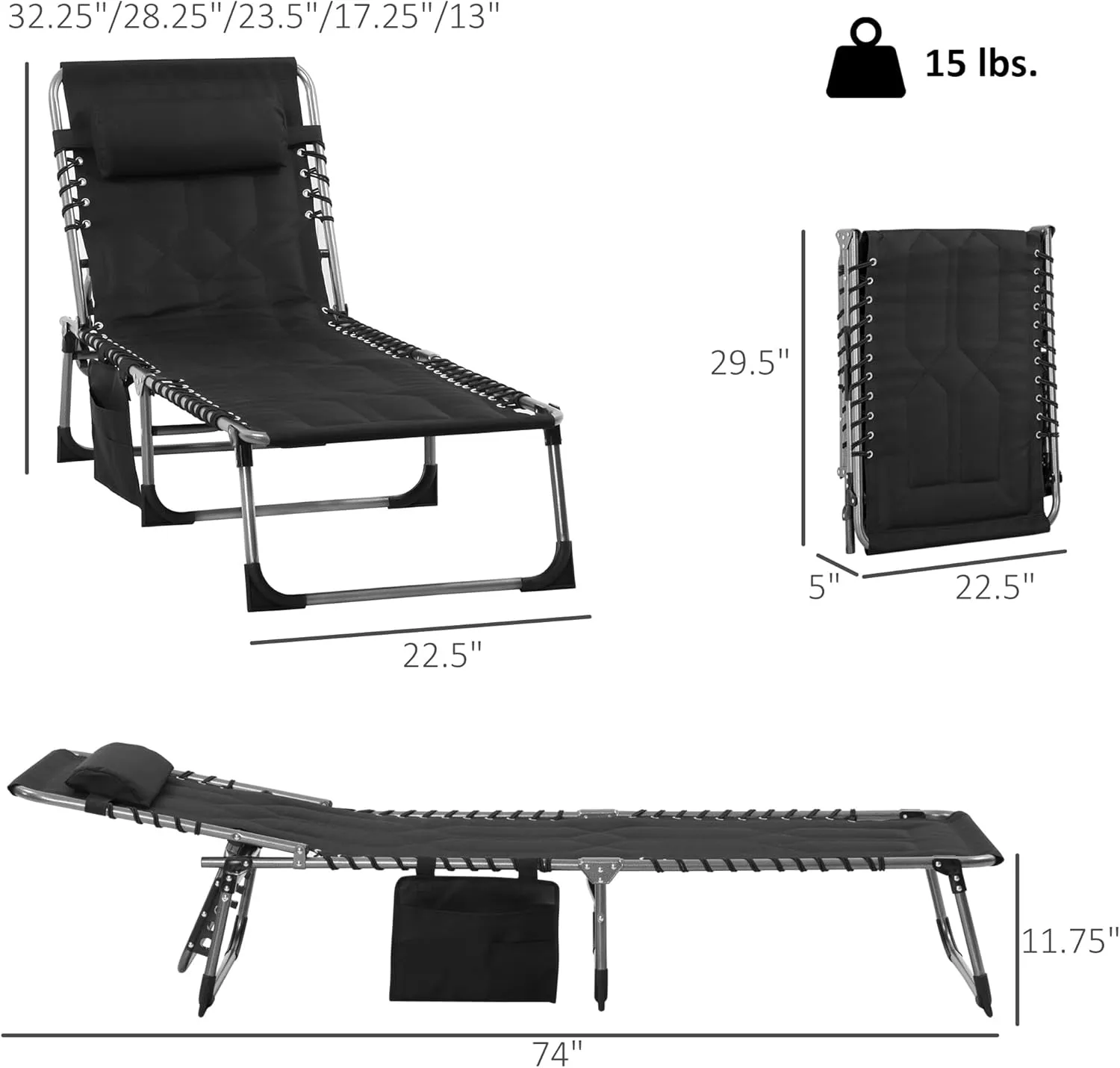 Outsunny Padded Folding Chaise Lounge Chair, Outdoor 6-Level Reclining Camping Tanning Chair with Headrest for Beach, Yard, Patio, Pool, Black