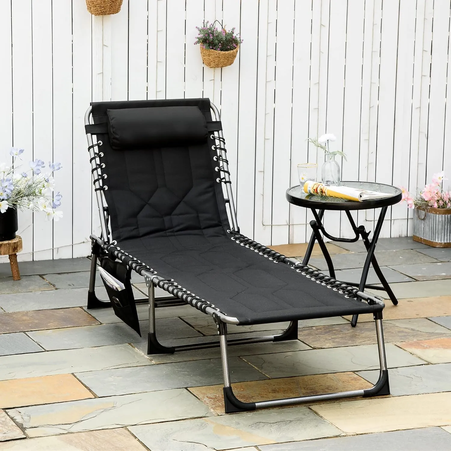 Outsunny Padded Folding Chaise Lounge Chair, Outdoor 6-Level Reclining Camping Tanning Chair with Headrest for Beach, Yard, Patio, Pool, Black