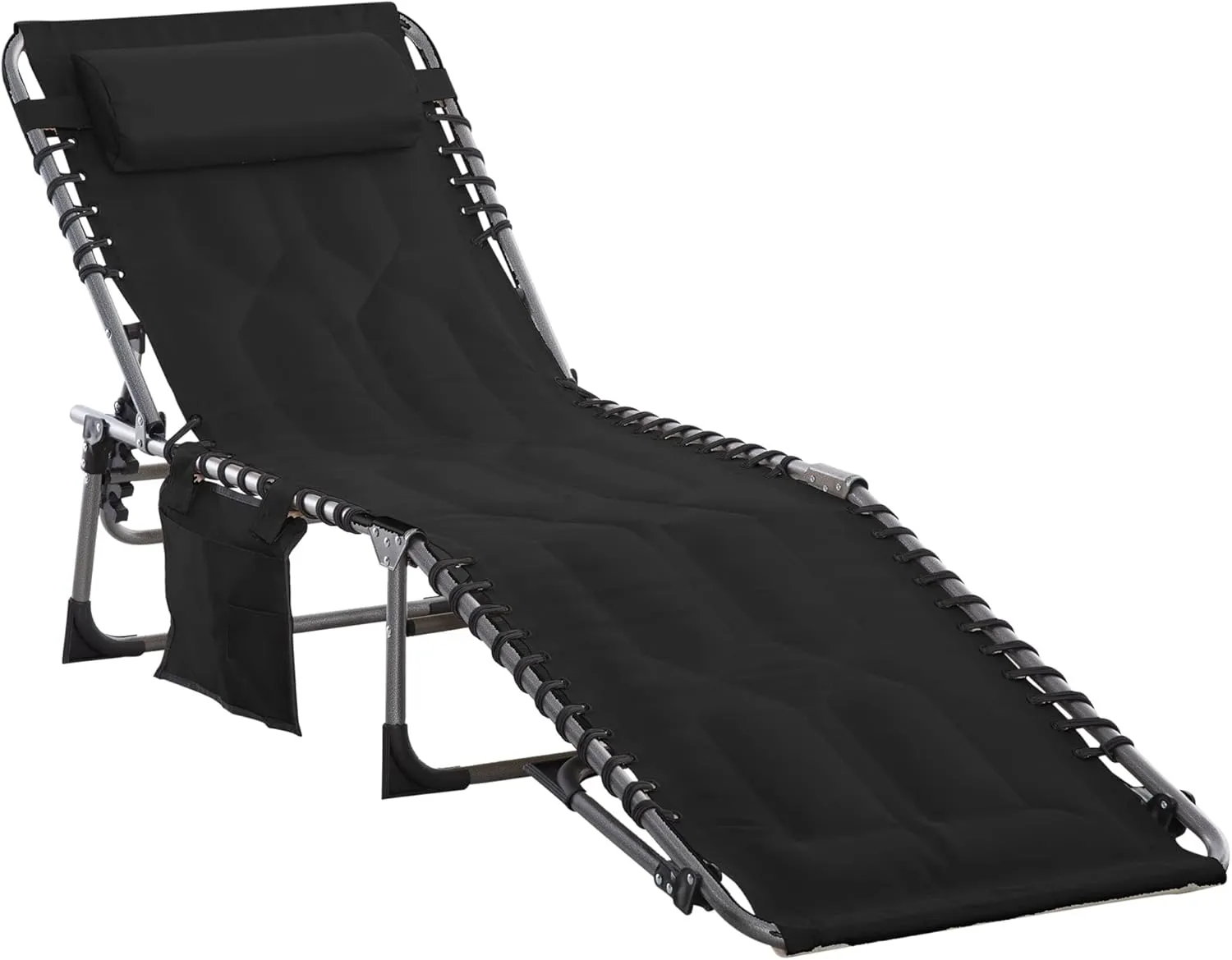 Outsunny Padded Folding Chaise Lounge Chair, Outdoor 6-Level Reclining Camping Tanning Chair with Headrest for Beach, Yard, Patio, Pool, Black