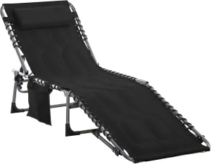 Outsunny Padded Folding Chaise Lounge Chair, Outdoor 6-Level Reclining Camping Tanning Chair with Headrest for Beach, Yard, Patio, Pool, Black