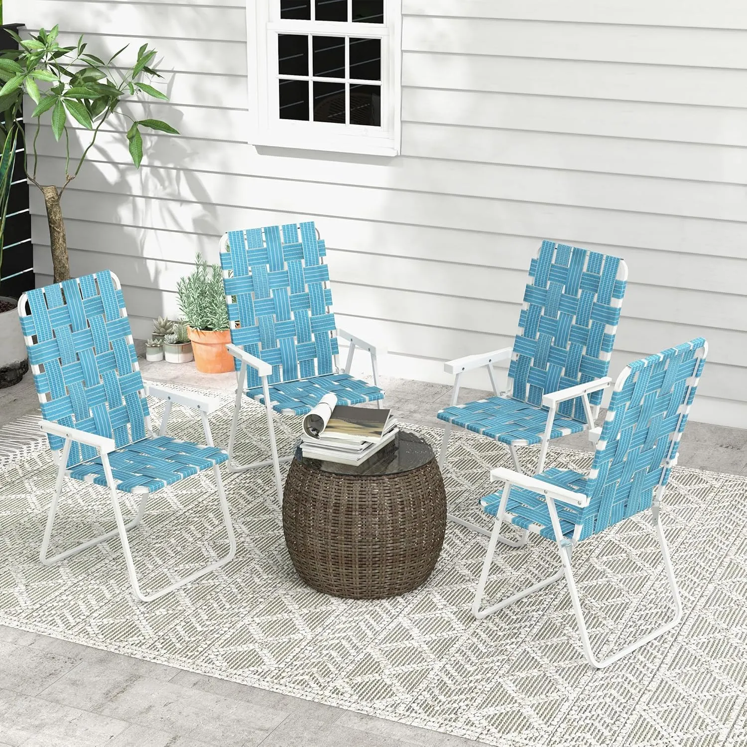 Outsunny Set of 4 Patio Folding Chairs, Classic Outdoor Camping Chairs, Portable Lawn Chair Set for Camping, Garden, Pool, Beach, Backyard with Armrests, Blue