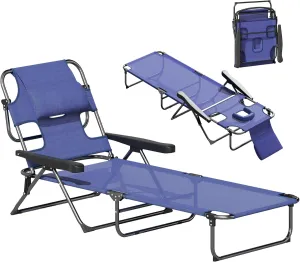 Outsunny Tanning Chaise Lounge Chair, 4-Position Beach Chair with Face & Arm Holes, Pillow headrest, Adjustable Sunbathing Chair, Navy Blue
