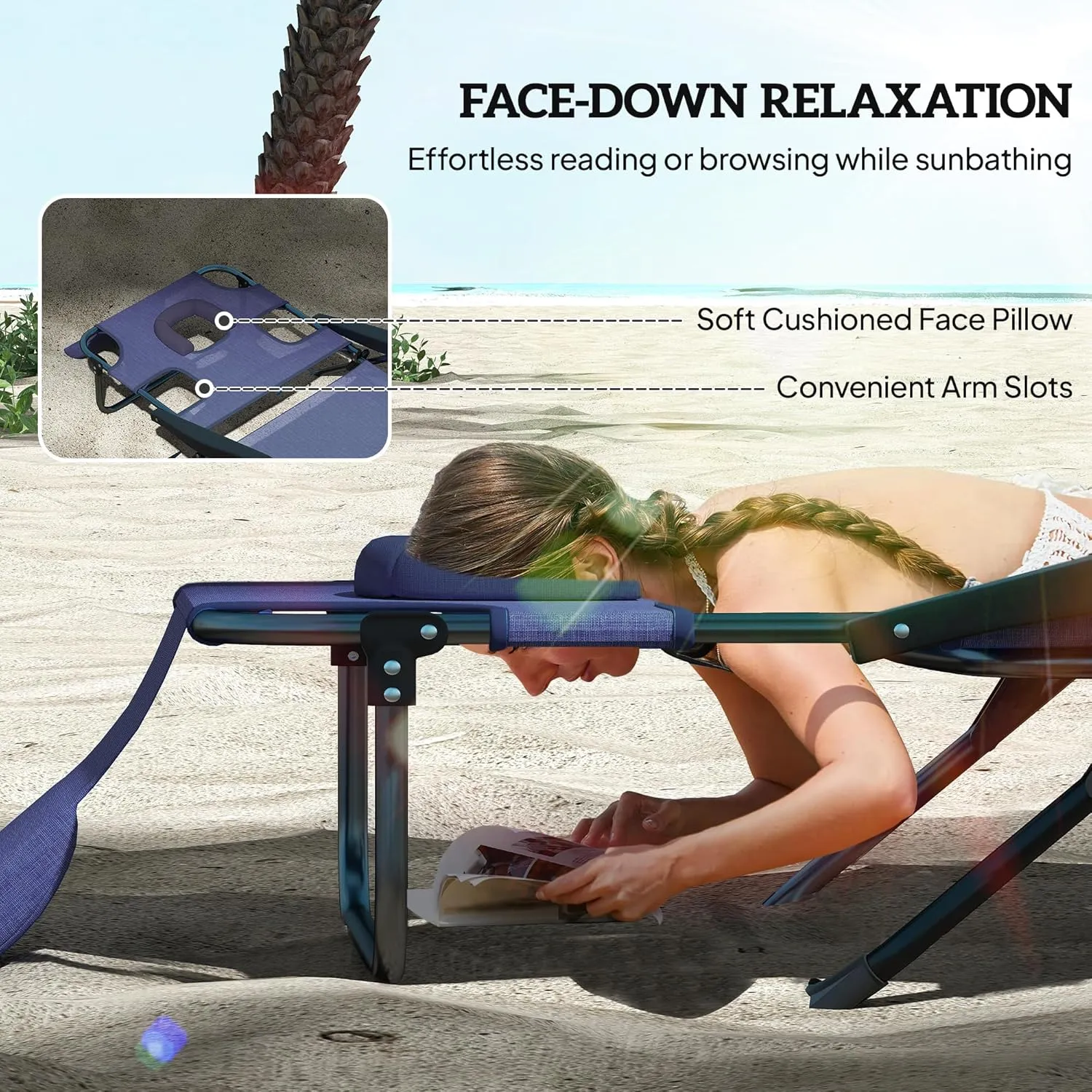 Outsunny Tanning Chaise Lounge Chair, 4-Position Beach Chair with Face & Arm Holes, Pillow headrest, Adjustable Sunbathing Chair, Navy Blue