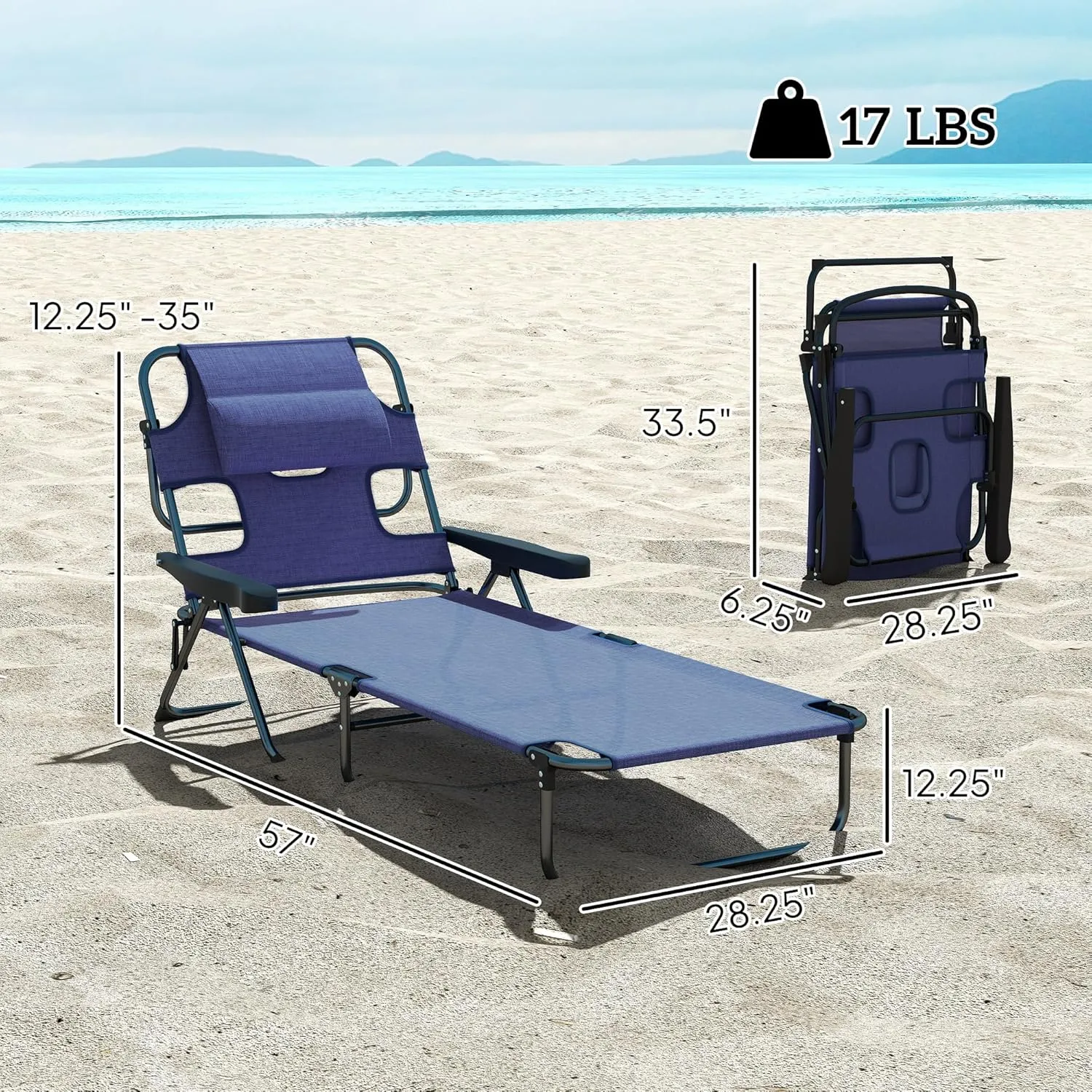 Outsunny Tanning Chaise Lounge Chair, 4-Position Beach Chair with Face & Arm Holes, Pillow headrest, Adjustable Sunbathing Chair, Navy Blue