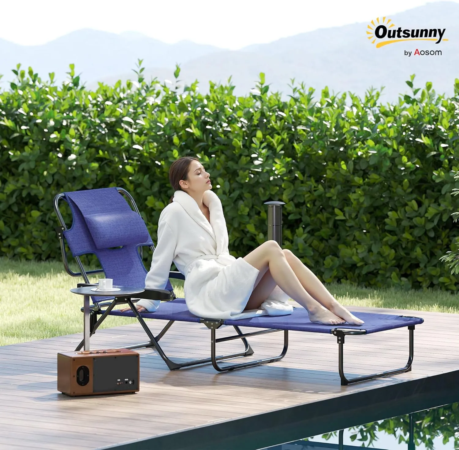 Outsunny Tanning Chaise Lounge Chair, 4-Position Beach Chair with Face & Arm Holes, Pillow headrest, Adjustable Sunbathing Chair, Navy Blue