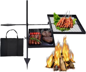 Outvita Swivel Campfire Grill Skillet Combo, Portable Heavy Duty Camping Grill Grate with Height Adjustable Grill Grate and Grill Pan and Carry Bag, Black