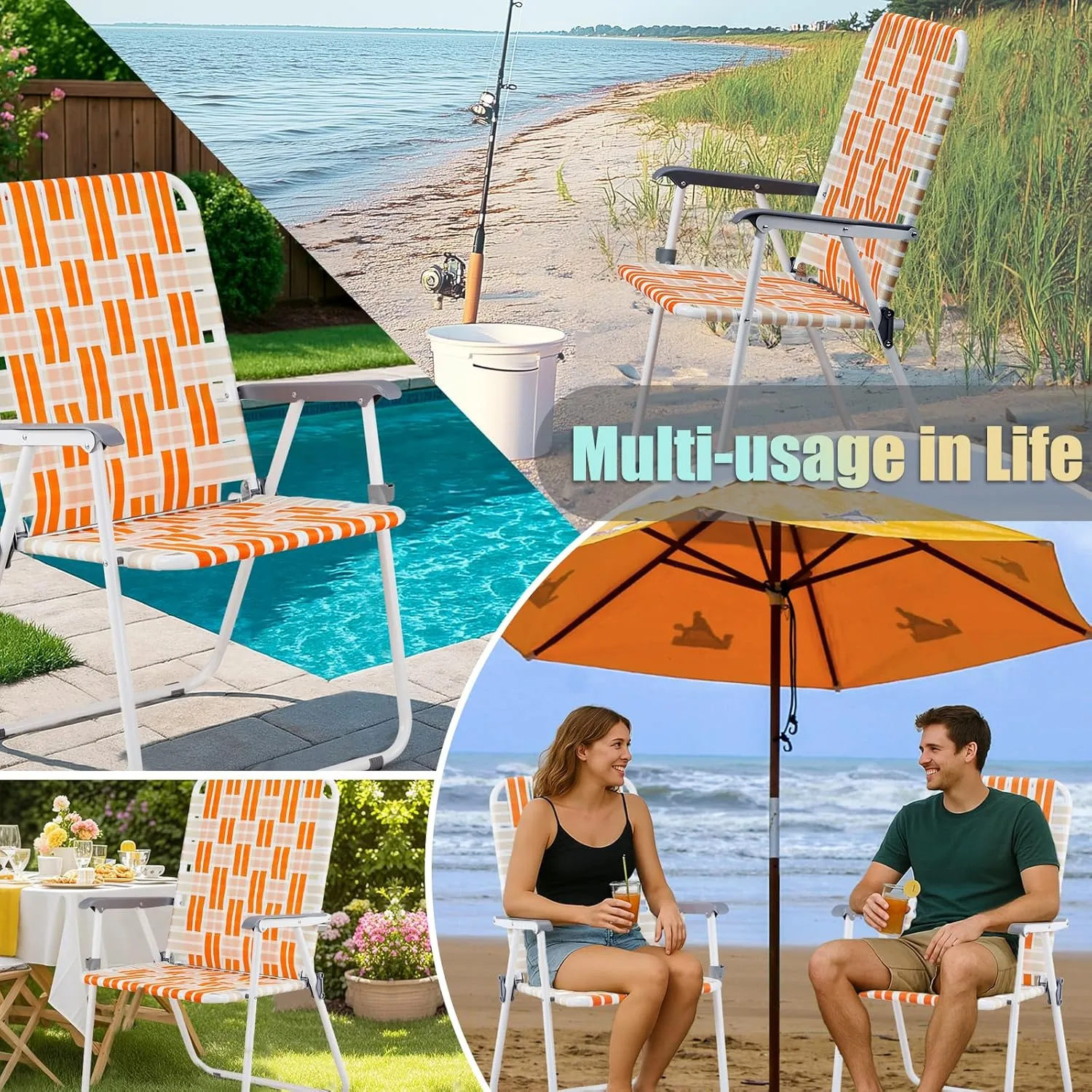 Outvita Webbed Lawn Chairs Set of 2, Foldable Metal Patio Chairs Stable Steel Outdoor Chair for Camping, Fishing, Beach, Poolside, Backyard and BBQ