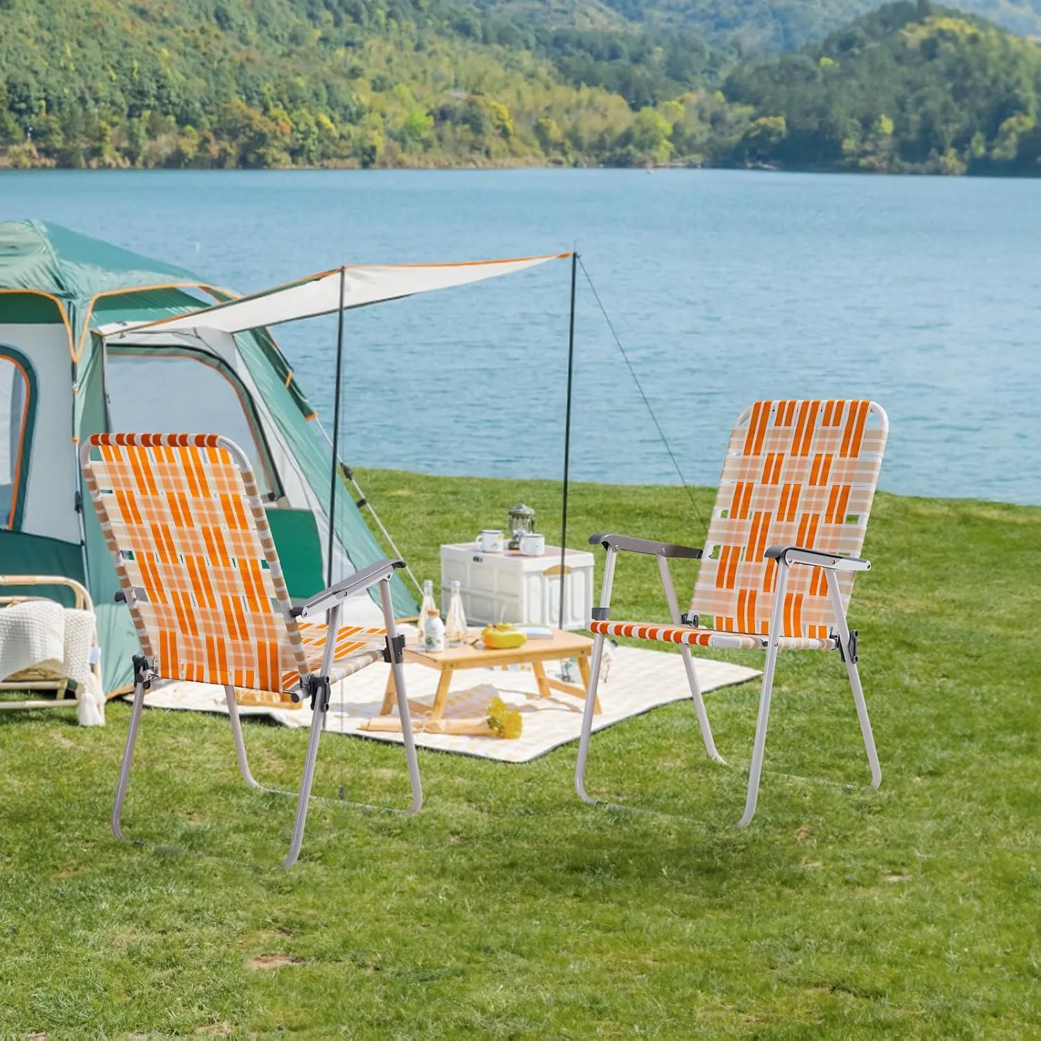 Outvita Webbed Lawn Chairs Set of 2, Foldable Metal Patio Chairs Stable Steel Outdoor Chair for Camping, Fishing, Beach, Poolside, Backyard and BBQ