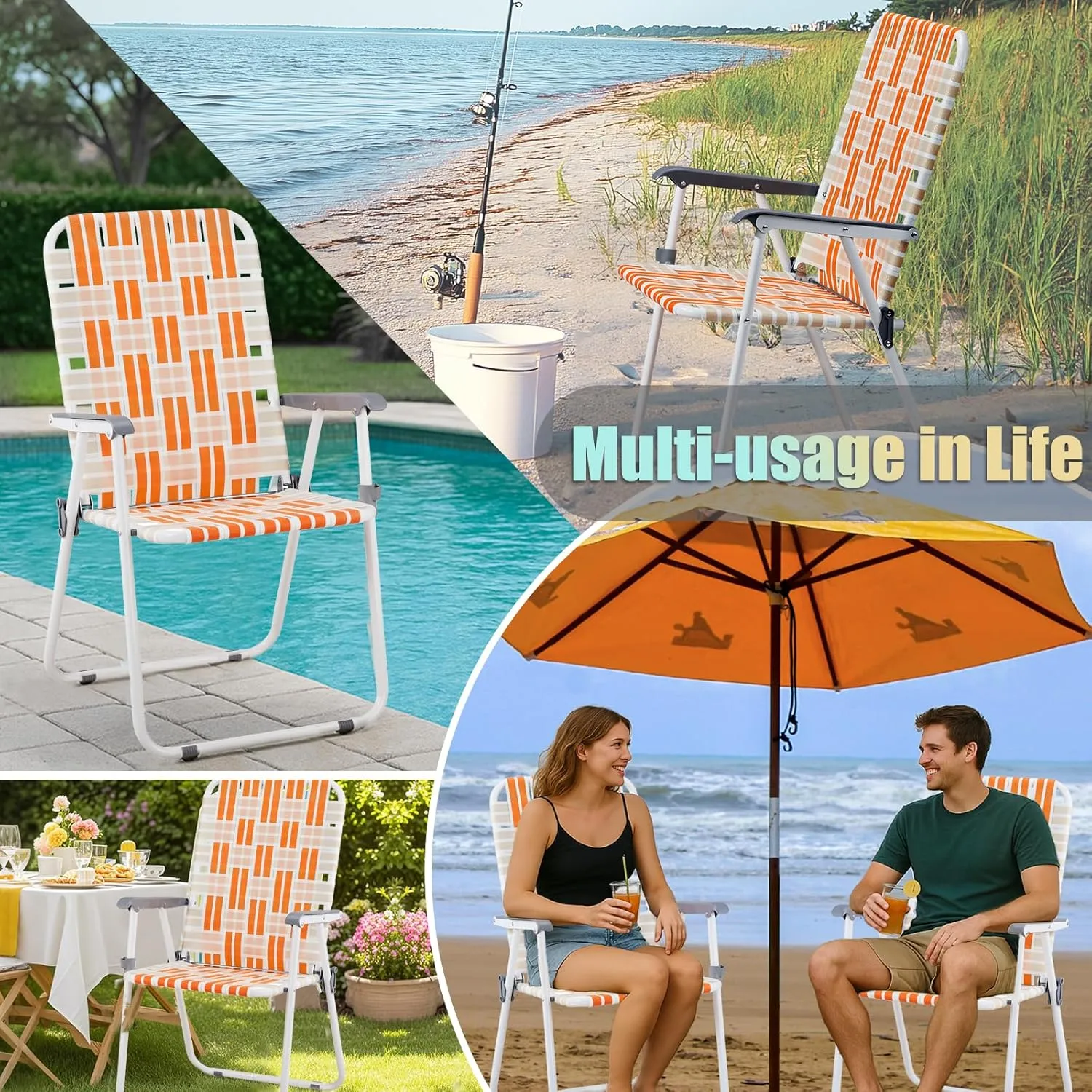Outvita Webbed Lawn Chairs Set of 2, Foldable Metal Patio Chairs Stable Steel Outdoor Chair for Camping, Fishing, Beach, Poolside, Backyard and BBQ