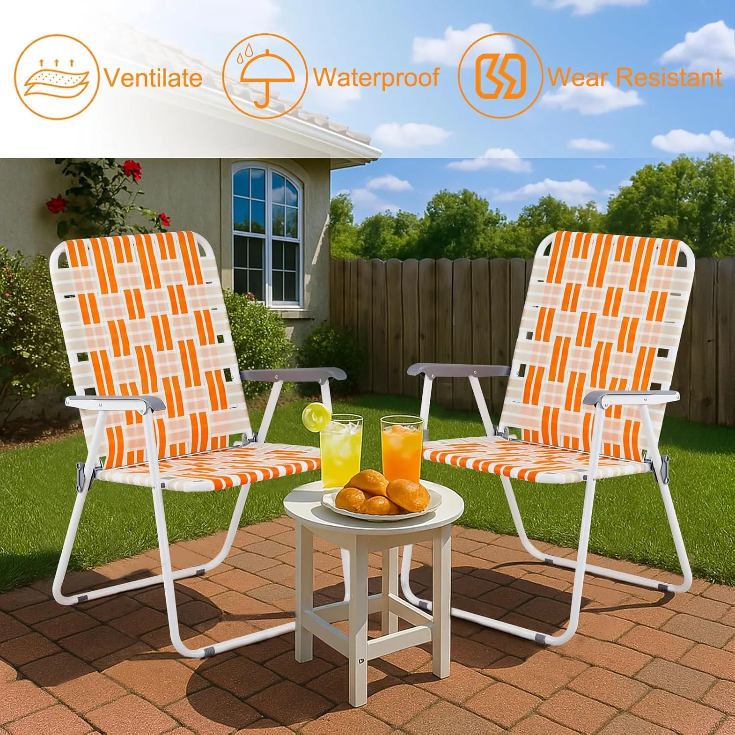 Outvita Webbed Lawn Chairs Set of 2, Foldable Metal Patio Chairs Stable Steel Outdoor Chair for Camping, Fishing, Beach, Poolside, Backyard and BBQ